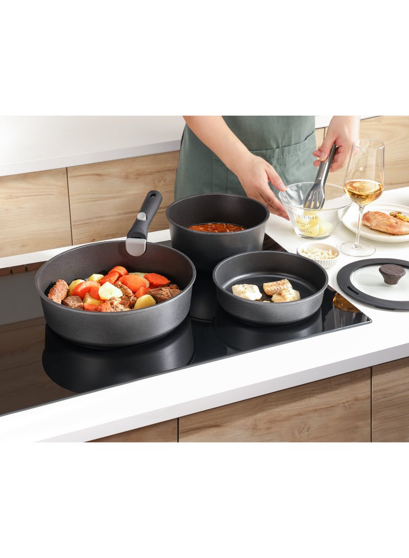 Cookware Set Nonstick With Detachable Handles, 18Pcs Induction Cookware Set Stackable, Space Saving With Removable Handle Black