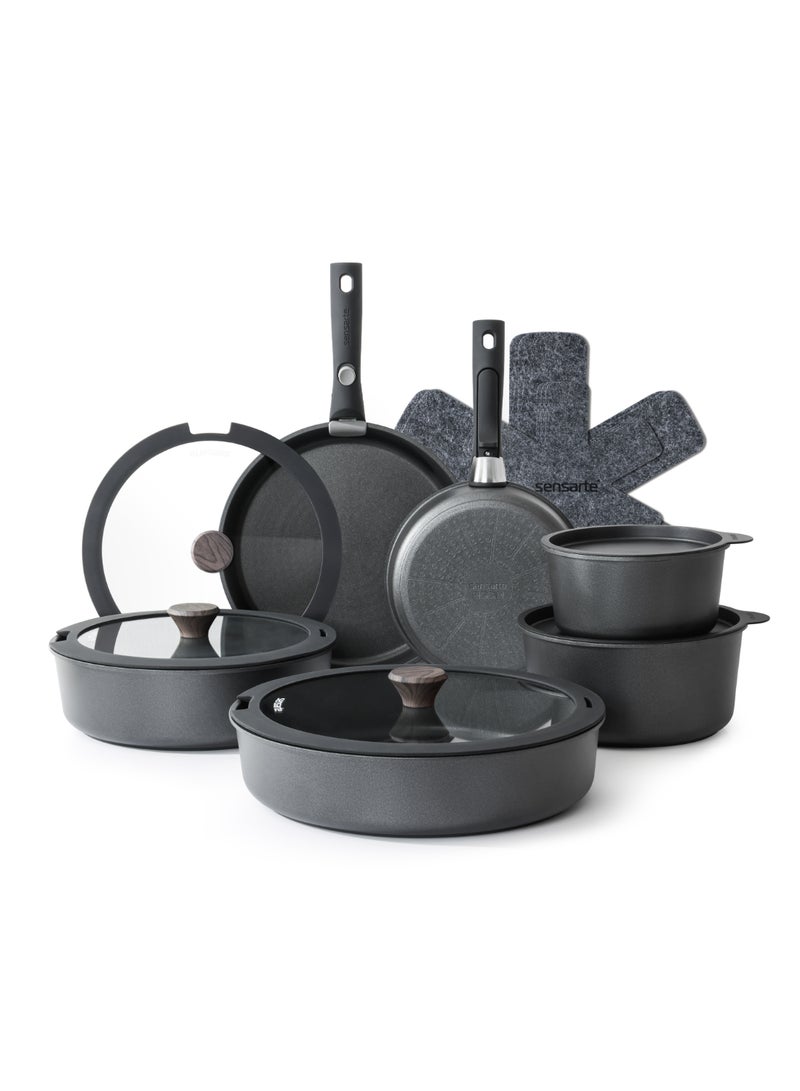 سنسارتي طقم أواني طهي غير لاصق بمقابض قابلة للفصل، 18 قطعة من أواني الطهي الحثية القابلة للتكديس، موفرة للمساحة مع مقبض قابل للإزالة، لون أسود - Image 1