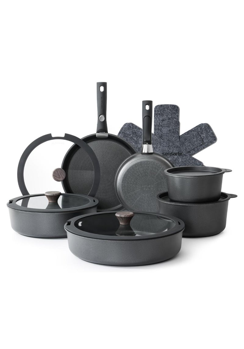 سنسارتي طقم أواني طهي غير لاصق بمقابض قابلة للفصل، 18 قطعة من أواني الطهي الحثية القابلة للتكديس، موفرة للمساحة مع مقبض قابل للإزالة، لون أسود - Image 1