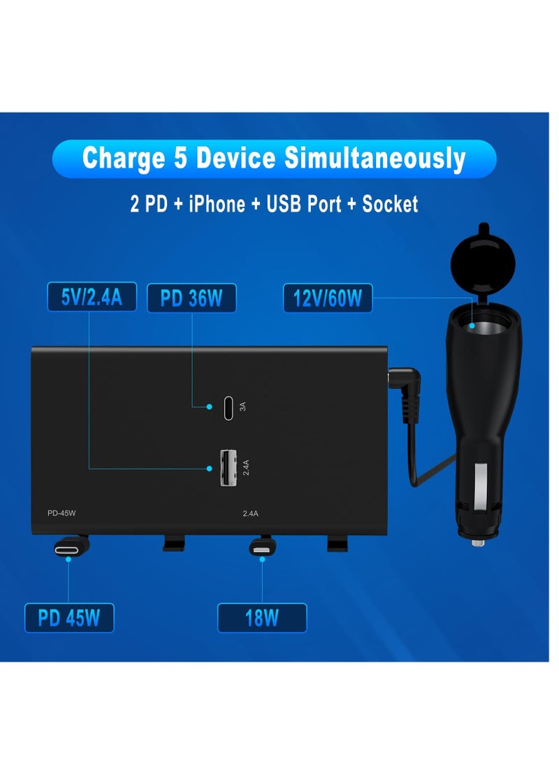 SOLARAE Multi Car Retractable Backseat Car Charger 5 in 1 Car Charging Station Box for Notebook/iPhone/Samsung,60W Cigarette Lighter Adapter with 1M Cable Share Ride Customer Charging Dock Attach to Headrest - Image 2