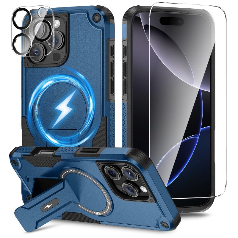 Caka 3 in 1 for iPhone 16 Pro Max Case [Compatible with MagSafe] [Invisible Kickstand] [HD Screen Protector] [Camera Lens Protector], Protective Magnetic Phone Cover for iPhone 16 Promax (Blue) - Image 1