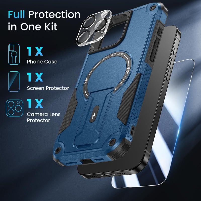 Caka 3 in 1 for iPhone 16 Pro Max Case [Compatible with MagSafe] [Invisible Kickstand] [HD Screen Protector] [Camera Lens Protector], Protective Magnetic Phone Cover for iPhone 16 Promax (Blue) - Image 3