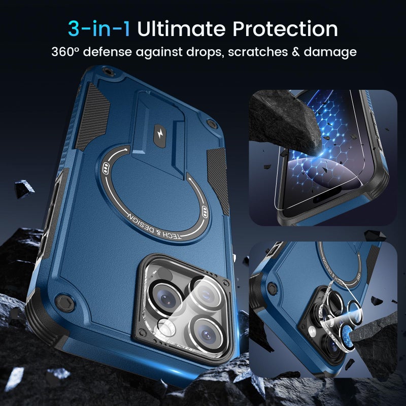 Caka 3 in 1 for iPhone 16 Pro Max Case [Compatible with MagSafe] [Invisible Kickstand] [HD Screen Protector] [Camera Lens Protector], Protective Magnetic Phone Cover for iPhone 16 Promax (Blue) - Image 4