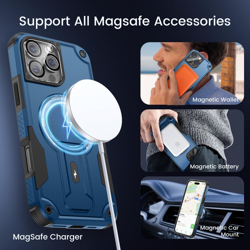 Caka 3 in 1 for iPhone 16 Pro Max Case [Compatible with MagSafe] [Invisible Kickstand] [HD Screen Protector] [Camera Lens Protector], Protective Magnetic Phone Cover for iPhone 16 Promax (Blue) - Image 5