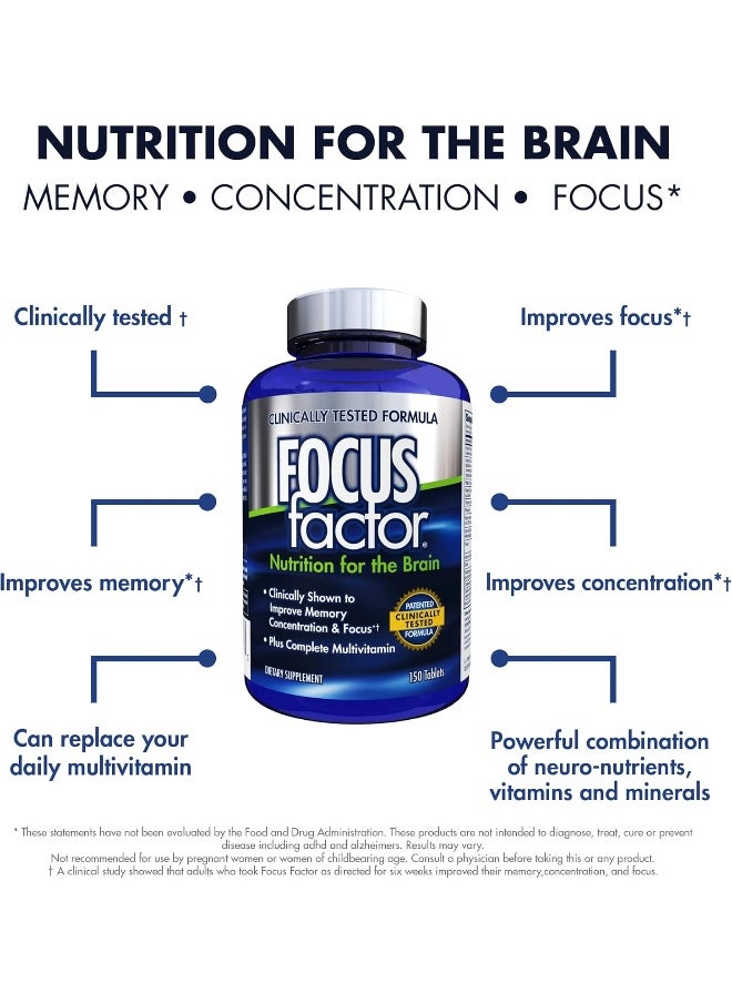 Focus Factor - Nutrition For The Brain, Improved Memory & Concentration Brain Supplement, Original, 150 Count, Pack Of 2 - Image 1
