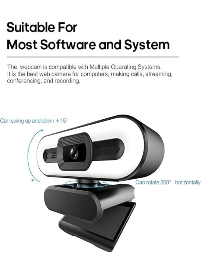 كاميرا ويب HD بدقة 1080P مع ميكروفون مدمج، إضاءة قابلة للتعديل 3 مستويات، دوران 360 درجة، USB وتشغيل مباشر - Image 5