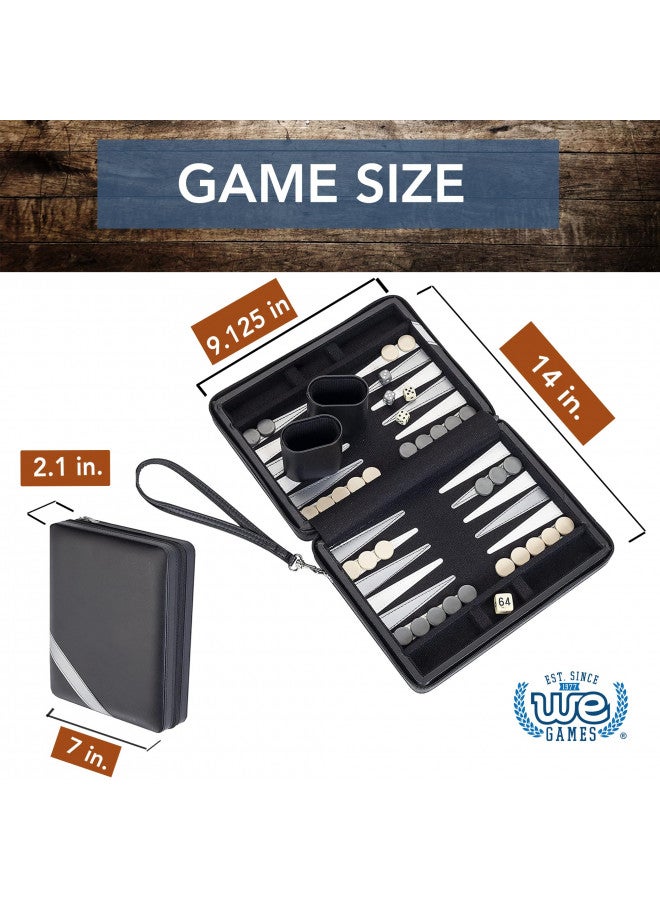 WE Games Backgammon Set, Board Games for Adults - Travel Games - Black with Gray Stripe Magnetic Leatherette Backgammon Board and Carrying Strap - Travel Backgammon Sets for Adults - Image 4