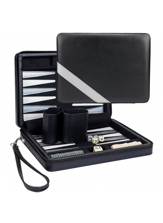 WE Games Backgammon Set, Board Games for Adults - Travel Games - Black with Gray Stripe Magnetic Leatherette Backgammon Board and Carrying Strap - Travel Backgammon Sets for Adults - Image 1