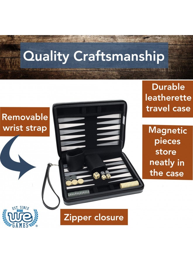 WE Games Backgammon Set, Board Games for Adults - Travel Games - Black with Gray Stripe Magnetic Leatherette Backgammon Board and Carrying Strap - Travel Backgammon Sets for Adults - Image 3