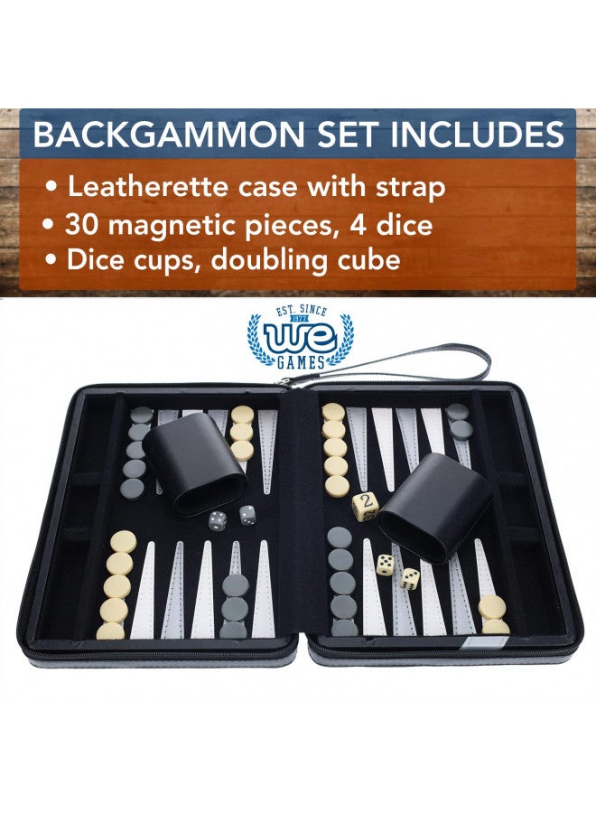 WE Games Backgammon Set, Board Games for Adults - Travel Games - Black with Gray Stripe Magnetic Leatherette Backgammon Board and Carrying Strap - Travel Backgammon Sets for Adults - Image 5