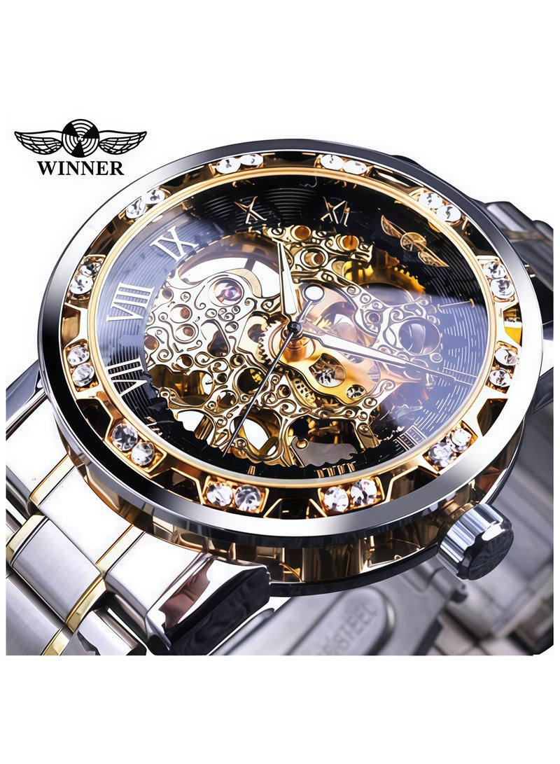 وينر ساعة رجالية أنيقة وعملية بهيكل عظمي يدوي مرصع بأحجار الراين - Image 1