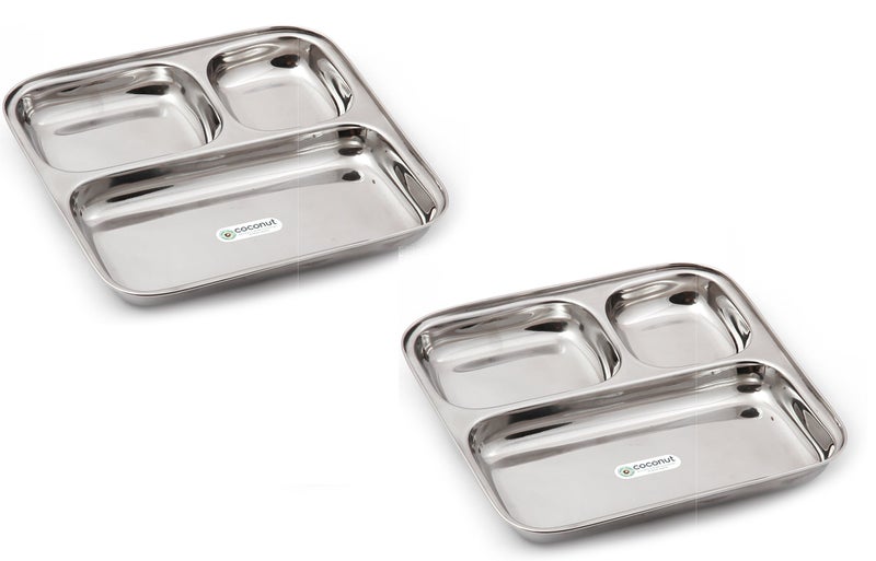 coconut Stainless Steel Partition Plate - Set of 2 (Pav Bhaji Plate) - Small - 8 inches