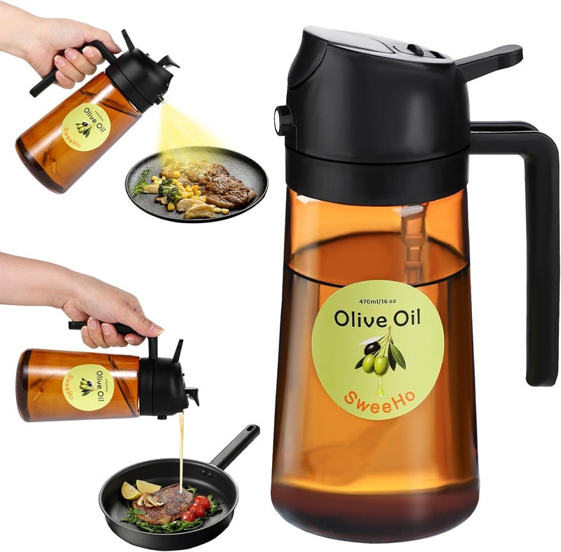 SweeHo Oil Sprayer for Cooking,470ml Cooking Olive Oil Sprayer and Oil Dispenser 2 In 1, Food-grade Glass Oil Spray Bottle Mister for Air Fryer, BBQ, Griddle (Black+dark brown glass and color label) - Image 1