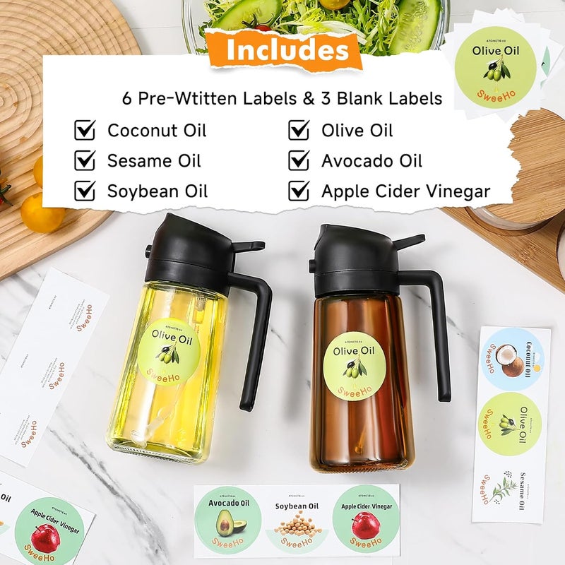 SweeHo Oil Sprayer for Cooking,470ml Cooking Olive Oil Sprayer and Oil Dispenser 2 In 1, Food-grade Glass Oil Spray Bottle Mister for Air Fryer, BBQ, Griddle (Black+dark brown glass and color label) - Image 5