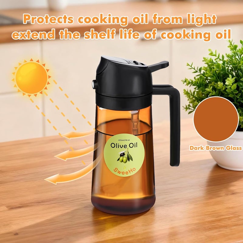 SweeHo Oil Sprayer for Cooking,470ml Cooking Olive Oil Sprayer and Oil Dispenser 2 In 1, Food-grade Glass Oil Spray Bottle Mister for Air Fryer, BBQ, Griddle (Black+dark brown glass and color label) - Image 2