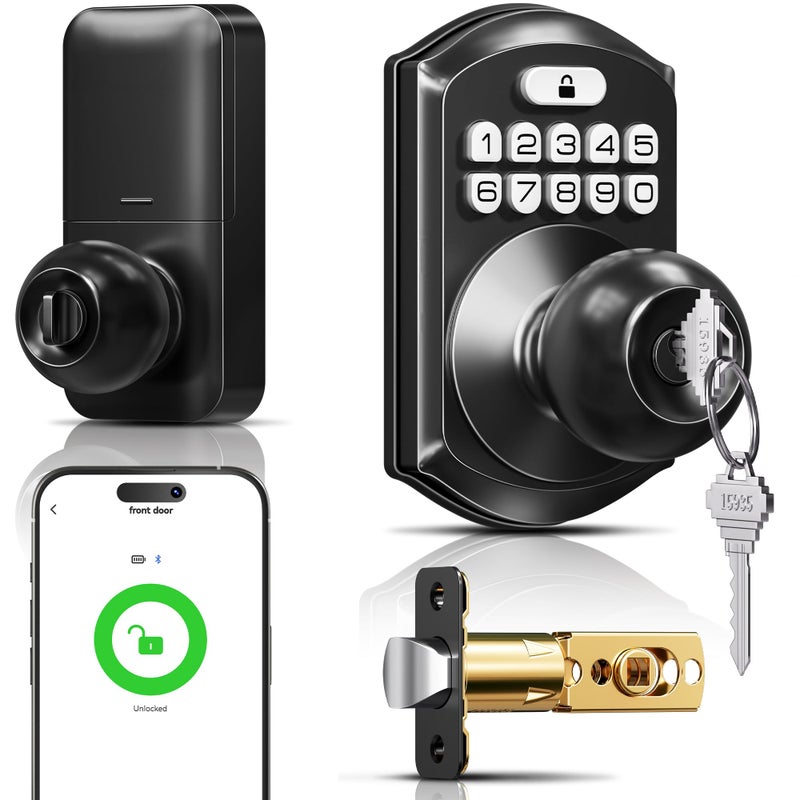 TEEHO TE018 Smart Door Knob with Keypad App Control Keyless Entry Digtal Door Lock with Handle Remote Share OneTime Code Auto Lock Easy Installation for Front Door Bedroom Rental Matte Black - Image 2