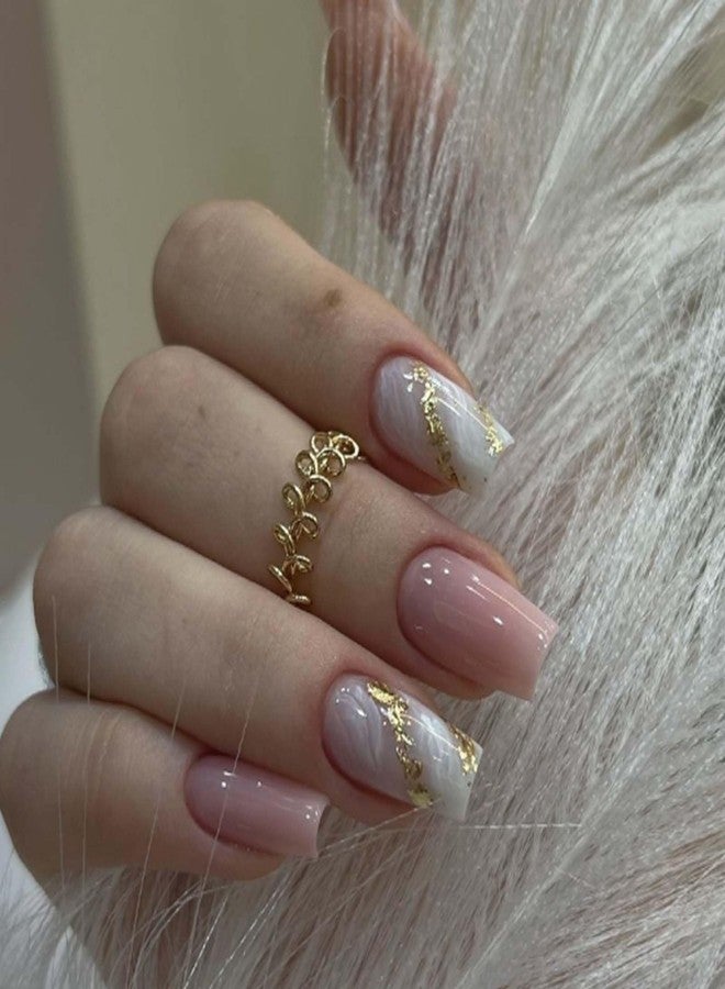 YoYoee Medium Coffin False Nails Full Cover Nails Tips Marble Nails Nude Press on Nails Gradient Fake Nails for Women and Girls 24PCS - Image 1