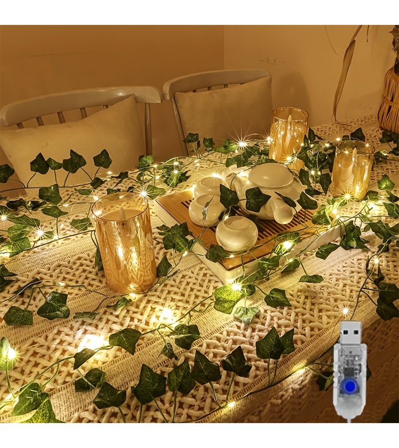 1pc USB Ivy String Lights 2m 20 Light Green Leaf Fairy Decoration Warm White - Image 1