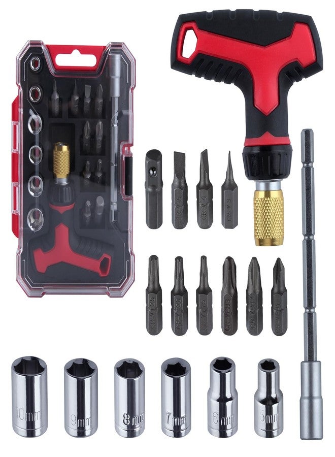 LEONTOOL 18 Pieces T-Handle Ratchet Wrench and Screwdriver Set, 3 Adjustable Handle Positions Magnetic Multi-Bit Ratcheting Screwdriver and Socket Set with Quick-load Mechanism for Home & Garage - Image 1