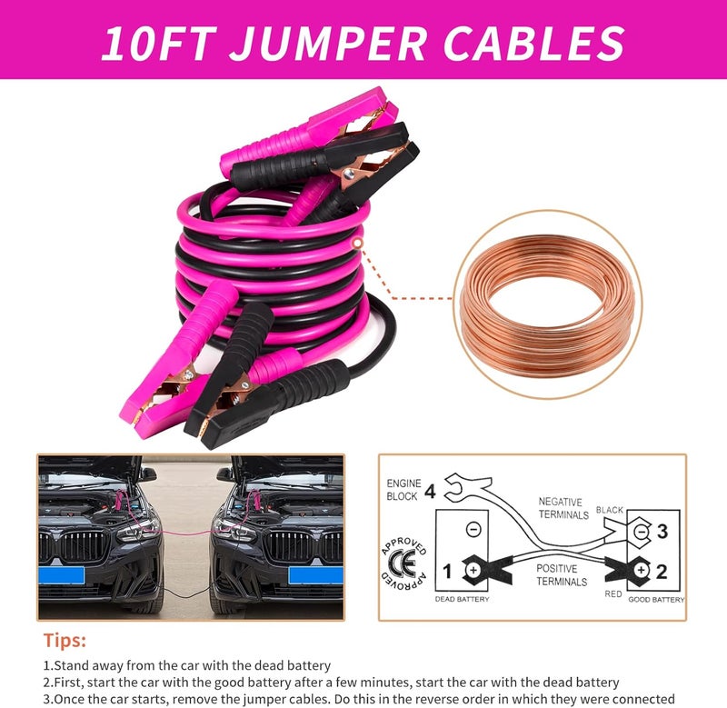 vioview Roadside Emergency Car Kit with Jumper Cables and Safety Hammer - Pink Car Accessories for Women - Image 4