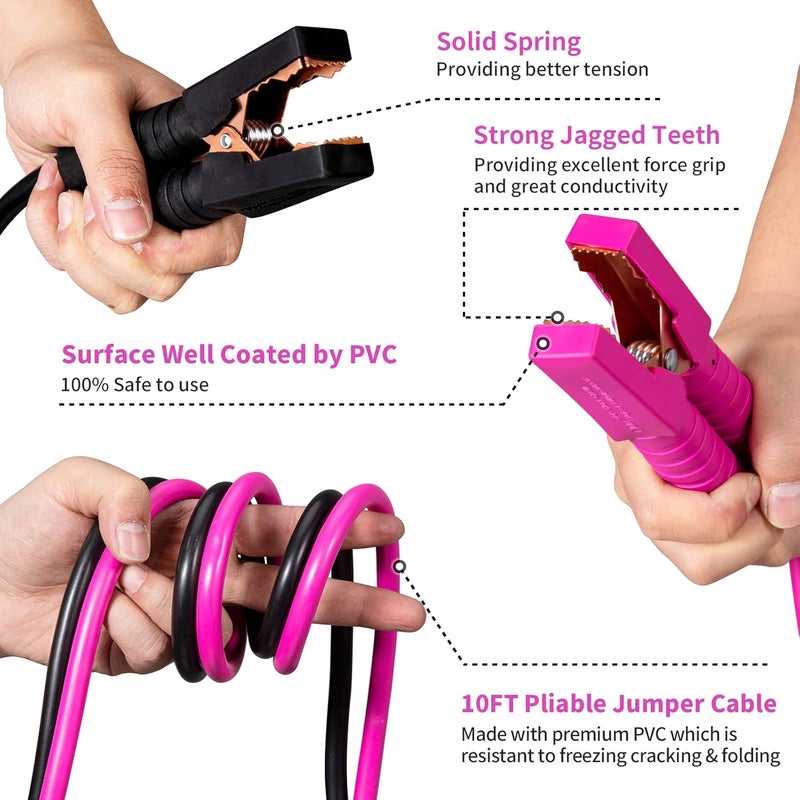 vioview Roadside Emergency Car Kit with Jumper Cables and Safety Hammer - Pink Car Accessories for Women - Image 3