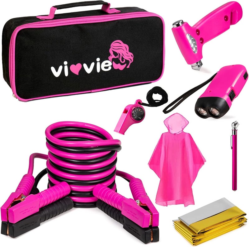 vioview Roadside Emergency Car Kit with Jumper Cables and Safety Hammer - Pink Car Accessories for Women - Image 1