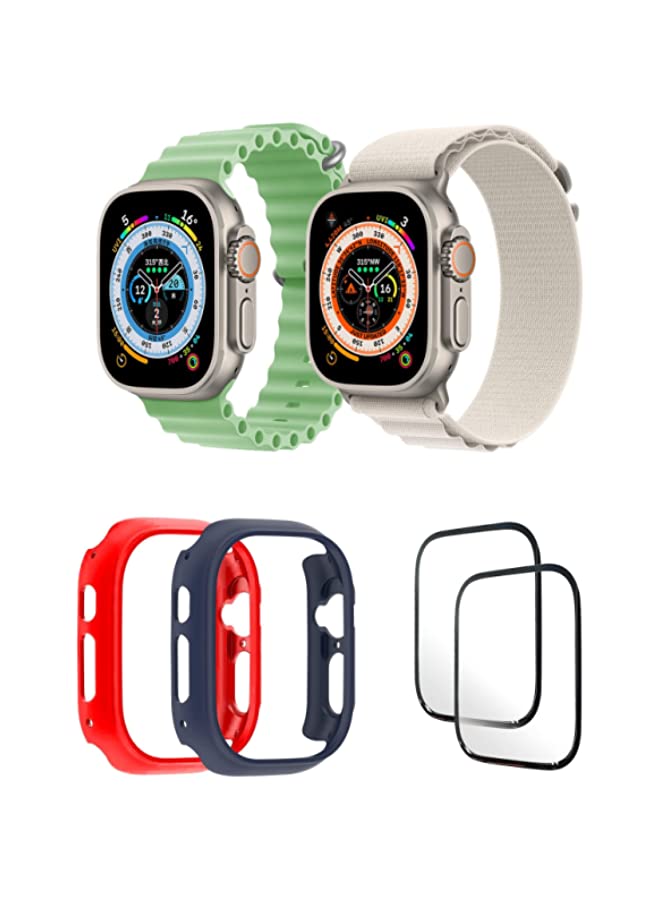 IAF Silicone Ocean Band Strap for iWatch Ultra 8 49mm,Nylon G-hook Loop Buckle Watch Strap, 49mm Mint Green/White , Case Compatible with iWatch Ultra 49mm Red/Blue ,2* pcs Watch glass Set of 6