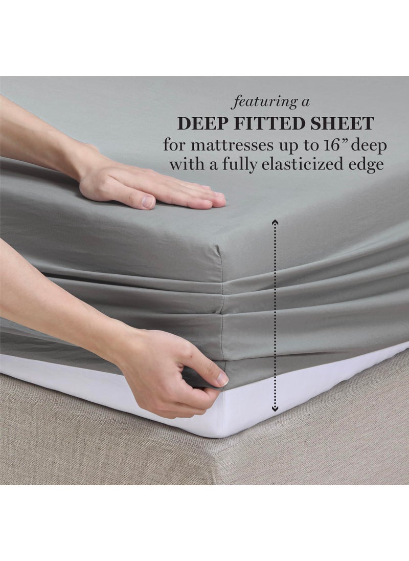 MARTHA STEWART Ultra Soft Brushed and Washed Microfiber 4 Piece Sheet Set  Easy Care  Comfy Bed Sheets with Deep Pocket up to 16""  1 Flat and 1 Fitted Sheet  2 Std. Pillowcases  Full Size  Medium Gray