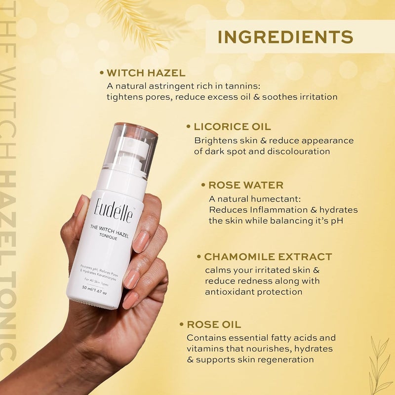 Eudelle The Witch Hazel Tonic  PoreTightening Brightening and Soothing Face Toner with Licorice Oil Rose Water and Aloe Vera for All Skin Types  Hydrating and AntioxidantRich Formula - Image 4