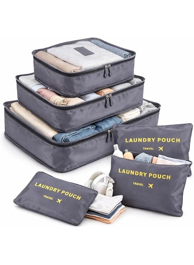 UREVO 6Pcs Set Travel Luggage Organizer Packing Cubes Set Storage Bag Waterproof Laundry Bag Traveling Accessories-Grey - Image 1