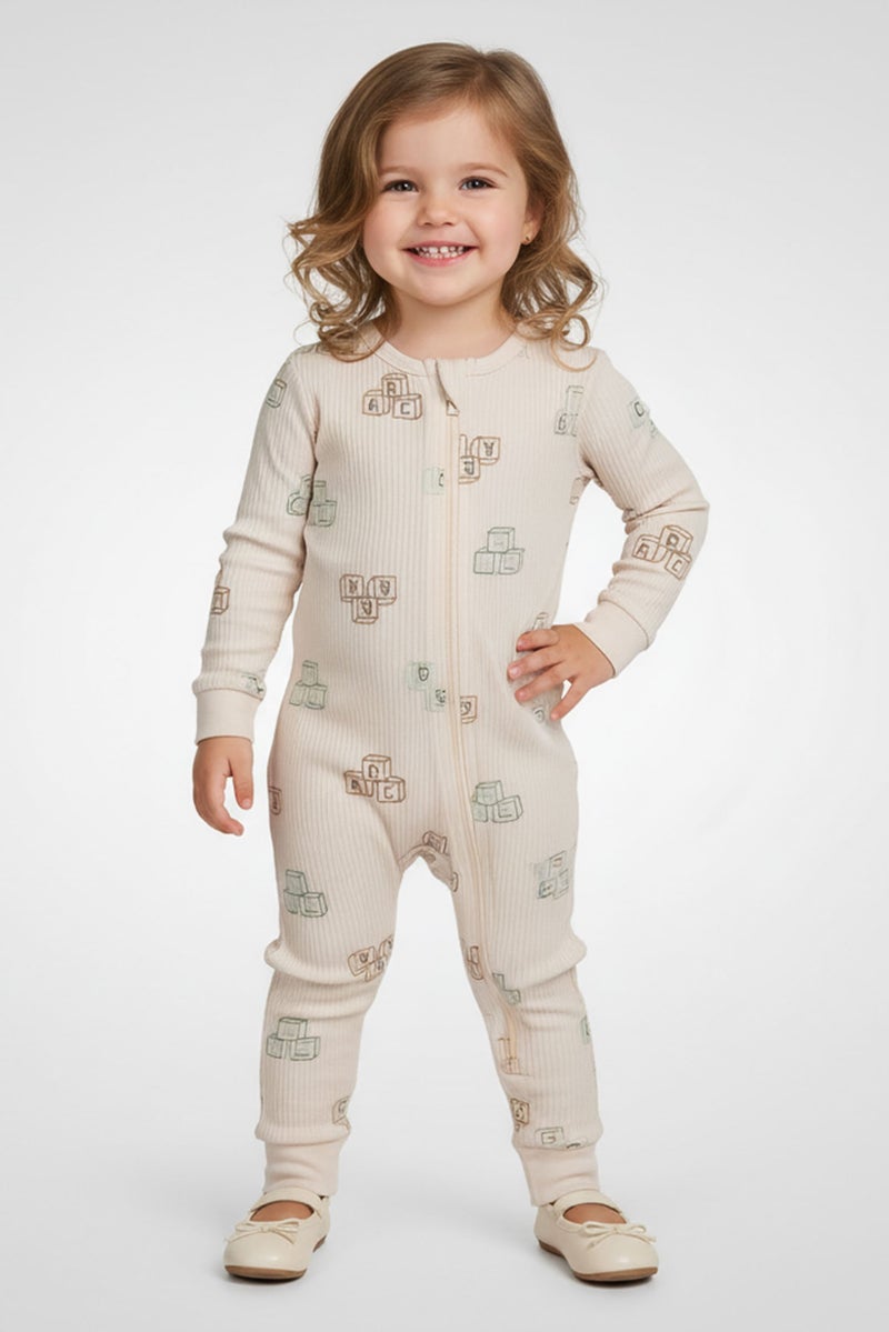 Petit Lem Toddlers Girl 2 Pieces Allover Print Long Sleeve Footed Rompers Set, Multicolor - Image 1