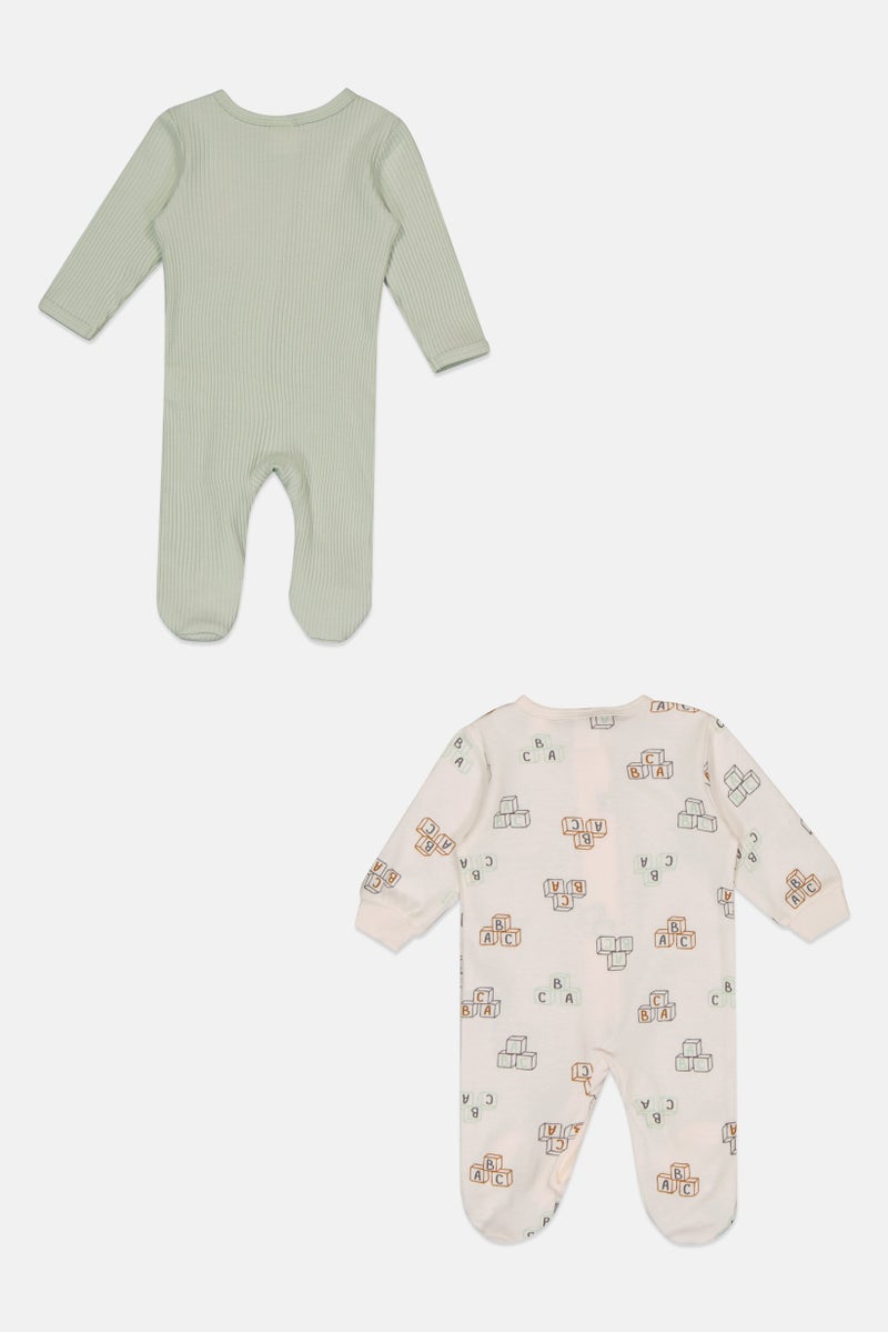 Petit Lem Toddlers Girl 2 Pieces Allover Print Long Sleeve Footed Rompers Set, Multicolor - Image 3