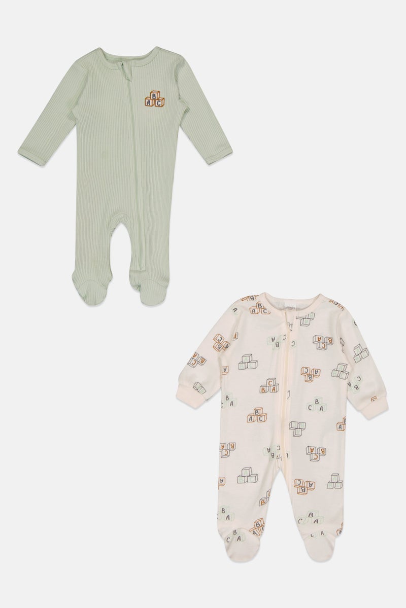 Petit Lem Toddlers Girl 2 Pieces Allover Print Long Sleeve Footed Rompers Set, Multicolor - Image 2