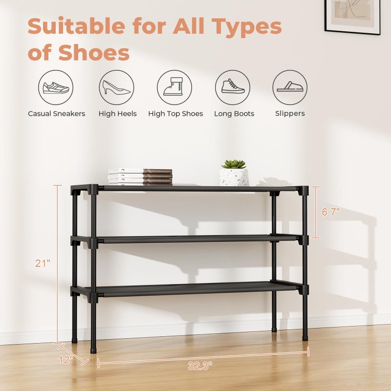 BrFoYu 32.3" Widening Design Shoe Rack for Closet 16 Pairs Small Spaces Non-Woven 3 Tier Shoe Organizer Stackable Metal Shoe Shelf for Entryway, Bedroom - Image 3