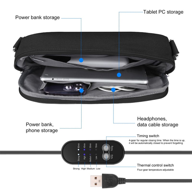 HAWEEL HWL2133 Heating Bag Case Fast Warming 4 Timer Modes Adjustable Temperature USB Crossbody One Shoulder Warm Hand Bags with Earphone Hole Heated Hand Muff Mobile Phone Tablet Digital Storage Bag - Image 4