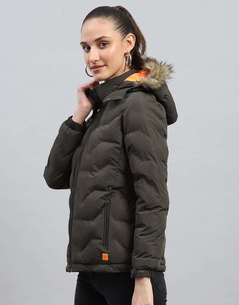 ROCKIT ROCK.IT Womens Polyester Standard Length from House of Monte Carlo Olive Solid Hooded Neck Full Sleeve Jacket (2240102636-2-46) - Image 2