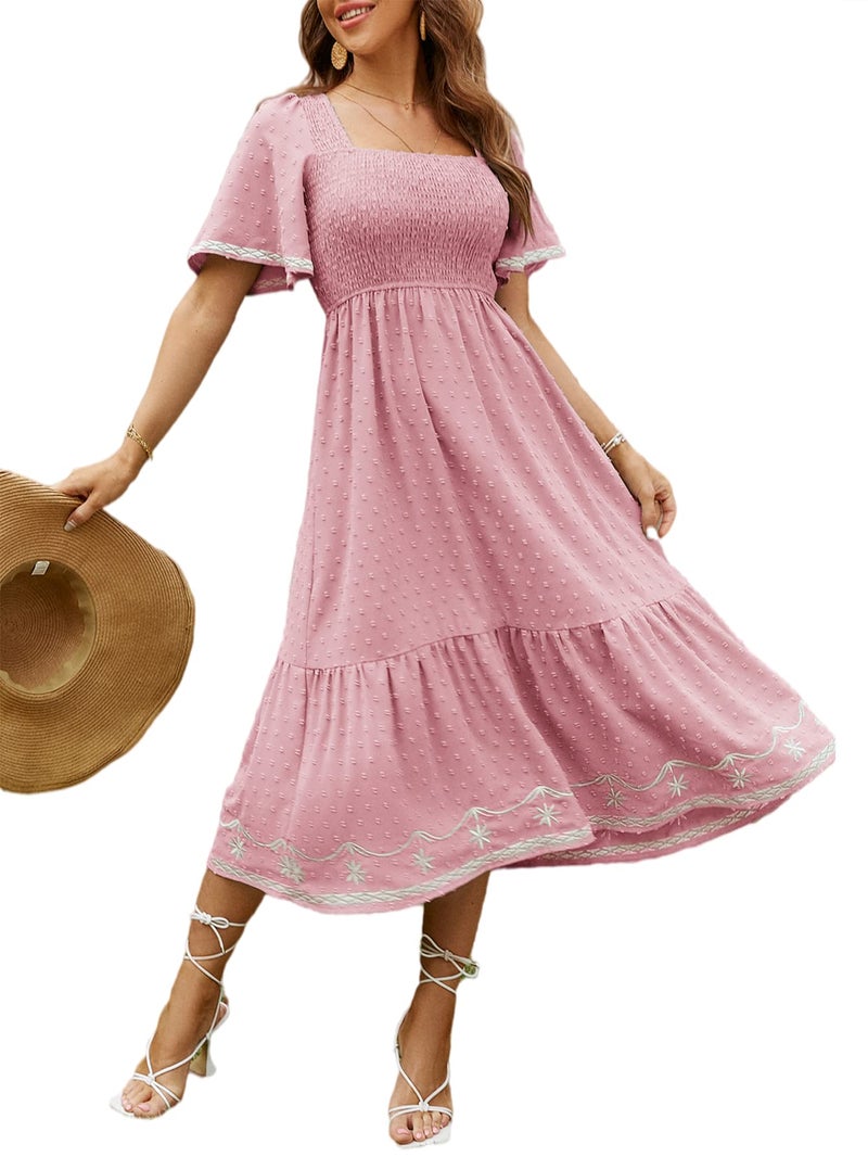 Glamaker Womens Short Sleeve Smocked Square Neck A Line Summer Flowy Midi Dress