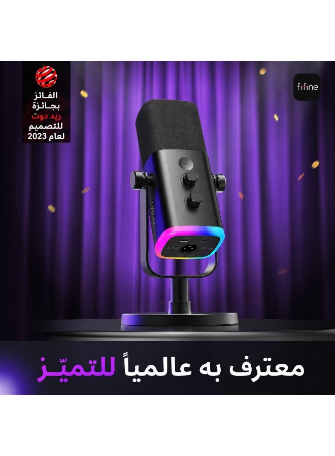 FIFINE XLR/USB Dynamic Microphone for Podcast Recording, PC Computer Gaming Streaming Mic with RGB Light, Mute Button, Headphones Jack, Desktop Stand, Vocal Mic for Singing YouTube-AmpliGame AM8 - Image 2