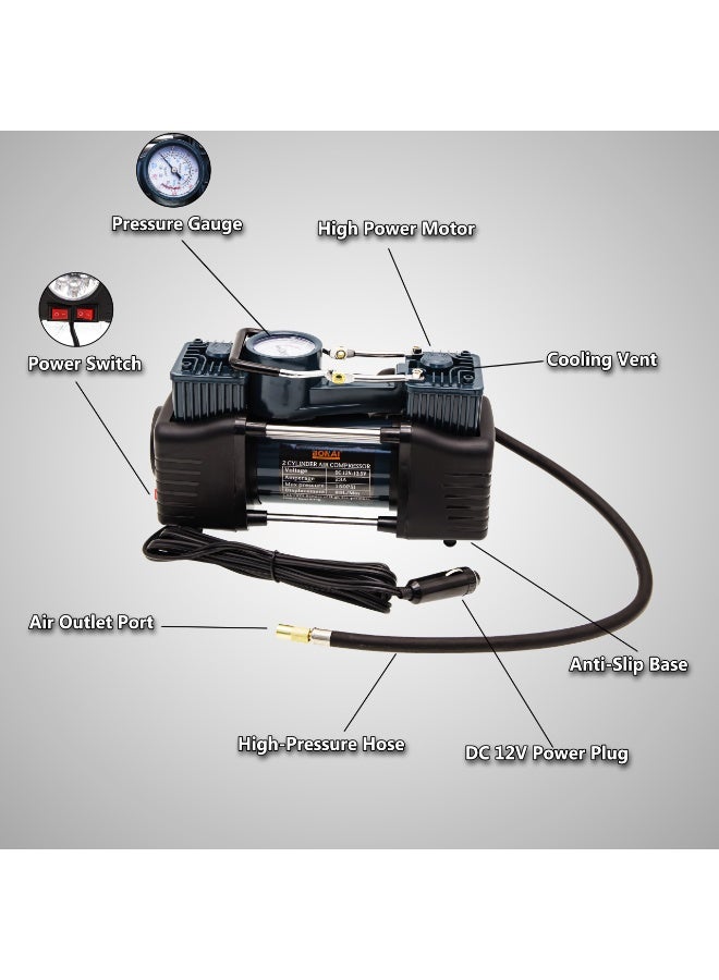Portable Air Compressor 12V DC Car Tyre Inflator, 150 PSI High Pressure, 85L/Min Fast Inflation, Heavy Duty Motor with Carry Case, BN-HK107 - Image 3