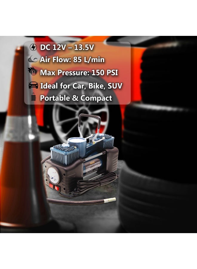 Portable Air Compressor 12V DC Car Tyre Inflator, 150 PSI High Pressure, 85L/Min Fast Inflation, Heavy Duty Motor with Carry Case, BN-HK107 - Image 5