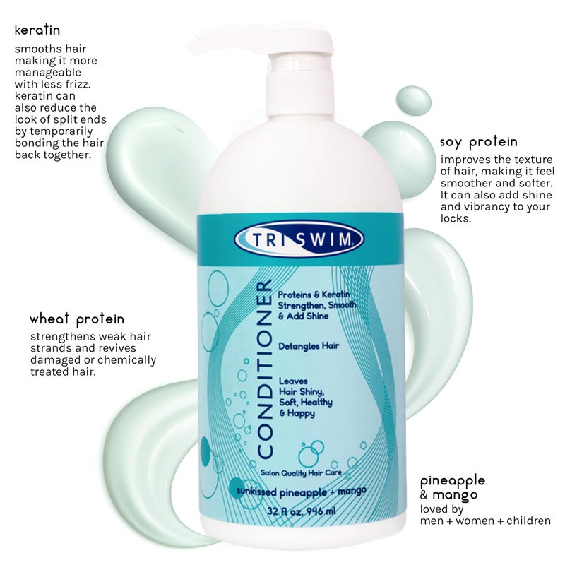 TRISWIM Swim Conditioner 32oz | Hydrates, Strengthens & Smooths Hair | Repairs Damage from Chlorine, Bromine & Saltwater | Protein & Keratin Formula | Sunkissed Pineapple + Mango Scent - Image 2