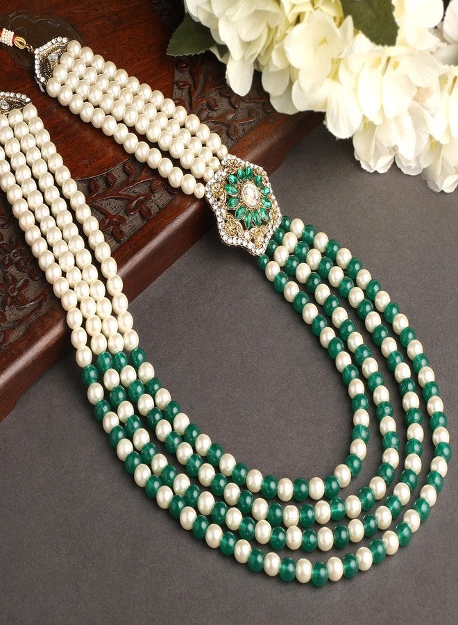 Mahi 4 Layers Green and White Glass Beads Base Groom/Dulha Moti Mala Haar Necklace for Men's (ML1108094GGre) - Image 2