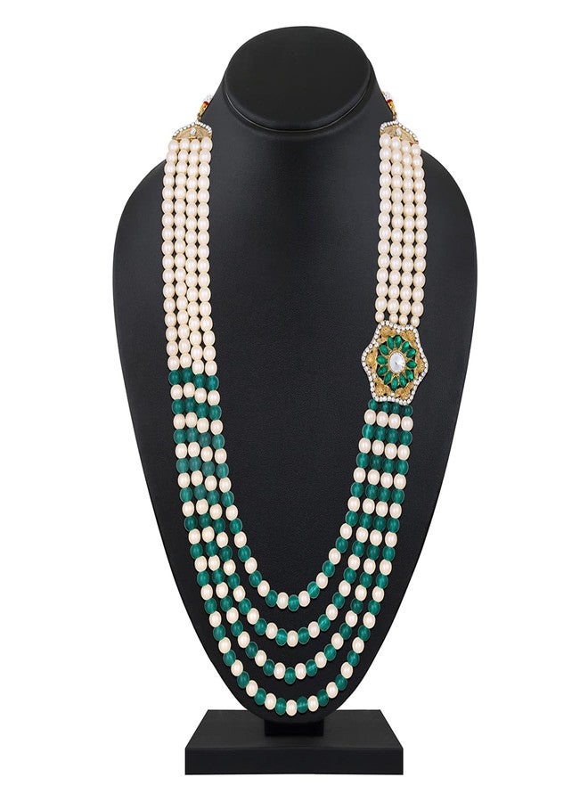 Mahi 4 Layers Green and White Glass Beads Base Groom/Dulha Moti Mala Haar Necklace for Men's (ML1108094GGre) - Image 3