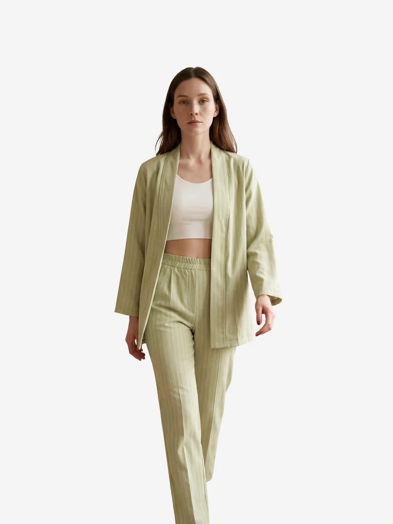 MY FASHION Sage Green MY FASHION Striped Two-Piece Co-Ord Set with Open Collar for Women | Best Price UAE