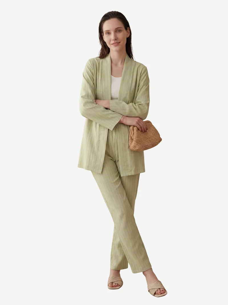 MY FASHION Sage Green MY FASHION Striped Two-Piece Co-Ord Set with Open Collar for Women | Best Price UAE