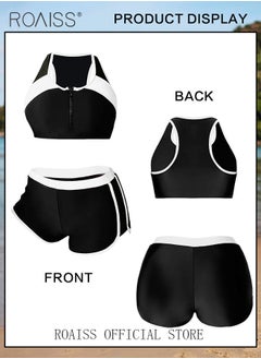 roaiss Women 2 Piece Swimsuit Color Blocked Zippered Sports Bra Top & Tight Shorts Quick Drying Fabric Moisture Wicking and Breathable Versatile Design Provides Coverage and Modesty without being Revealing  - Image 5