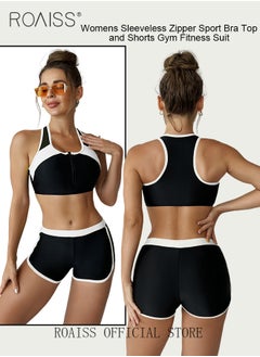 roaiss Women 2 Piece Swimsuit Color Blocked Zippered Sports Bra Top & Tight Shorts Quick Drying Fabric Moisture Wicking and Breathable Versatile Design Provides Coverage and Modesty without being Revealing  - Image 4