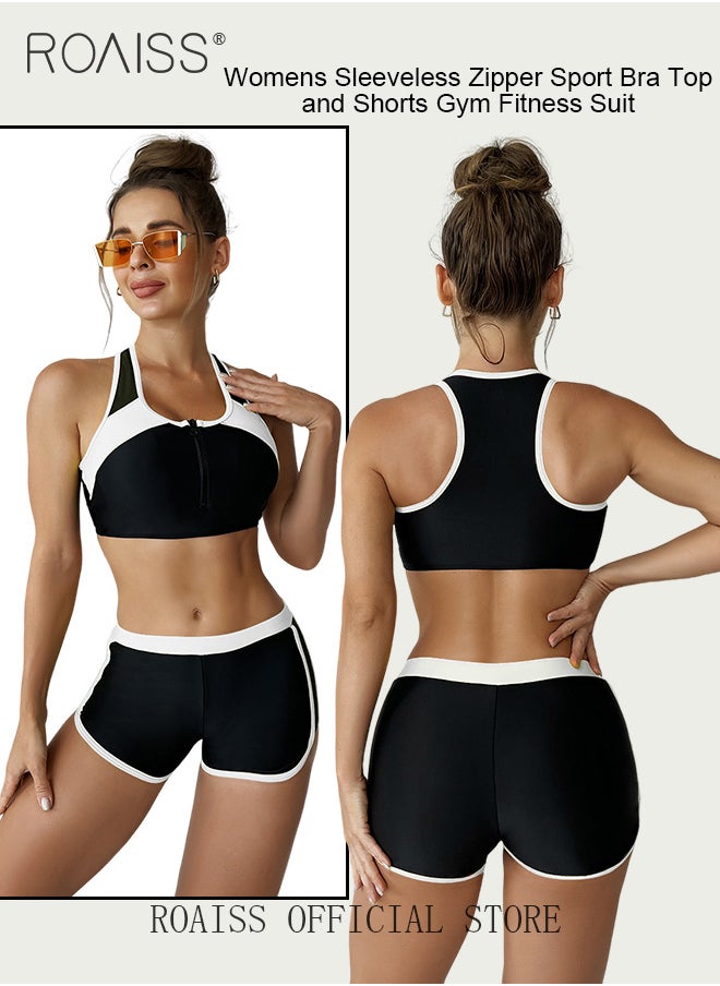 roaiss - Women 2 Piece Swimsuit Color Blocked Zippered Sports Bra Top & Tight Shorts Quick Drying Fabric Moisture Wicking and Breathable Versatile Design Provides Coverage and Modesty without being Revealing - Image 1