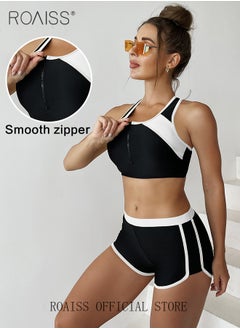 roaiss Women 2 Piece Swimsuit Color Blocked Zippered Sports Bra Top & Tight Shorts Quick Drying Fabric Moisture Wicking and Breathable Versatile Design Provides Coverage and Modesty without being Revealing  - Image 2