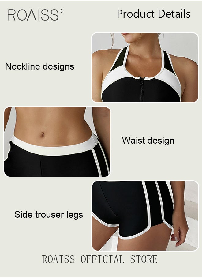 roaiss - Women 2 Piece Swimsuit Color Blocked Zippered Sports Bra Top & Tight Shorts Quick Drying Fabric Moisture Wicking and Breathable Versatile Design Provides Coverage and Modesty without being Revealing - Image 1